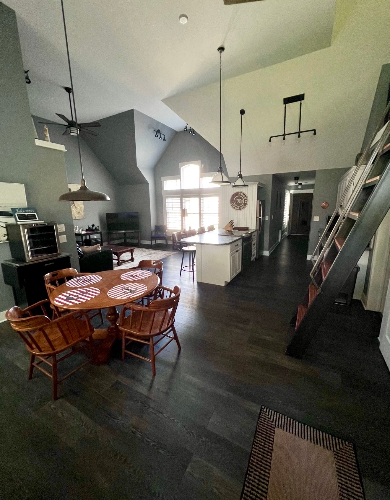 Elm Street side living room and kitchen with water views
